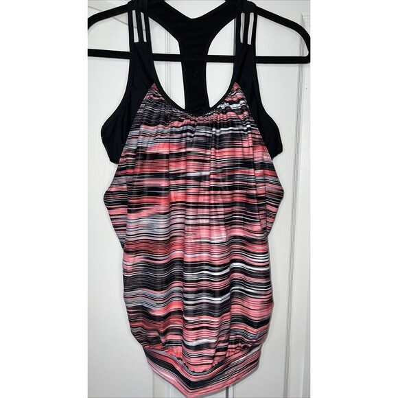 Yonique Women Swim Top Bathing Tankini Pink Black Stripes Racerback L Padded NWT - Picture 1 of 14